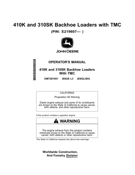 John Deere 310SK TMC, 410K TMC Backhoe Loaders Operator’s Manuals (OMT281951) Workshop Guide