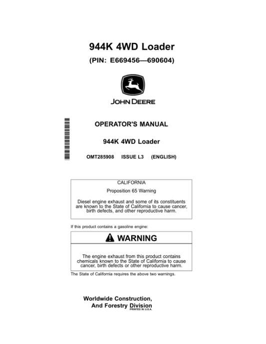 John Deere 944K Loaders Operator’s Manuals (OMT285908) Workshop Guide