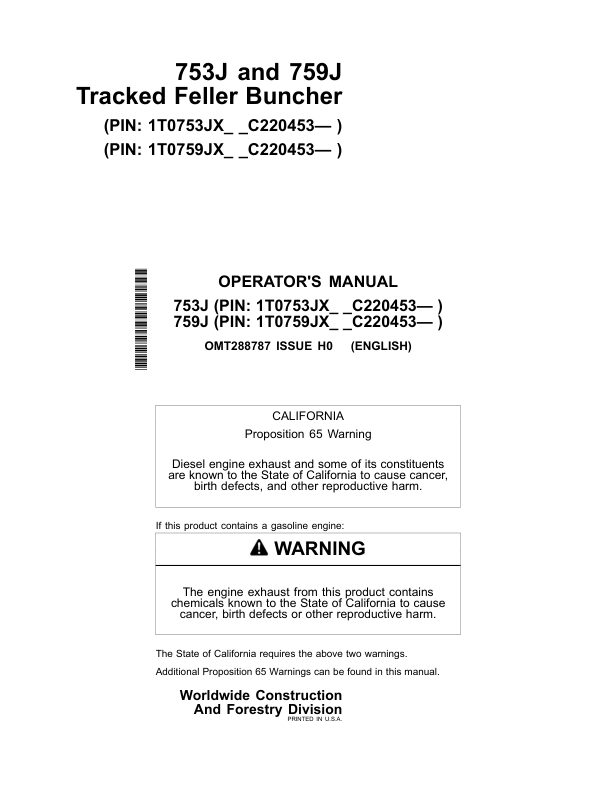 John Deere 753J, 759J Tracked Feller Bunchers Operator’s Manuals (OMT288787) Workshop Guide