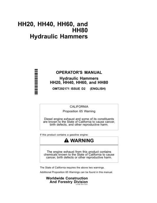 John Deere HH20, HH40, HH60, HH80 Attachments Operator’s Manuals (OMT292171) Workshop Guide
