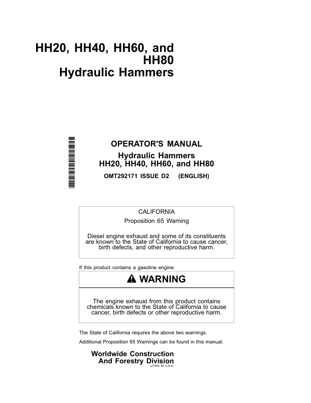 John Deere HH20, HH40, HH60, HH80 Attachments Operator’s Manuals (OMT292171) Workshop Guide