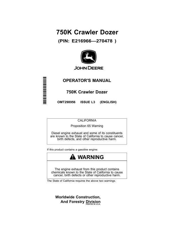 John Deere 750K Crawler Dozers Operator’s Manuals (OMT298956) Workshop Guide