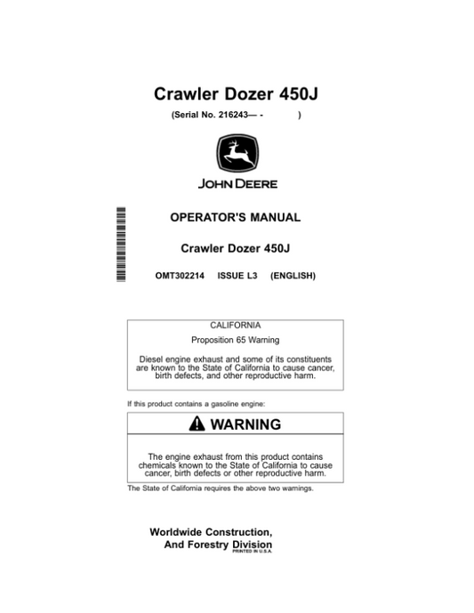 John Deere 450J Crawler Dozers Operator’s Manuals (OMT302214) Workshop Guide