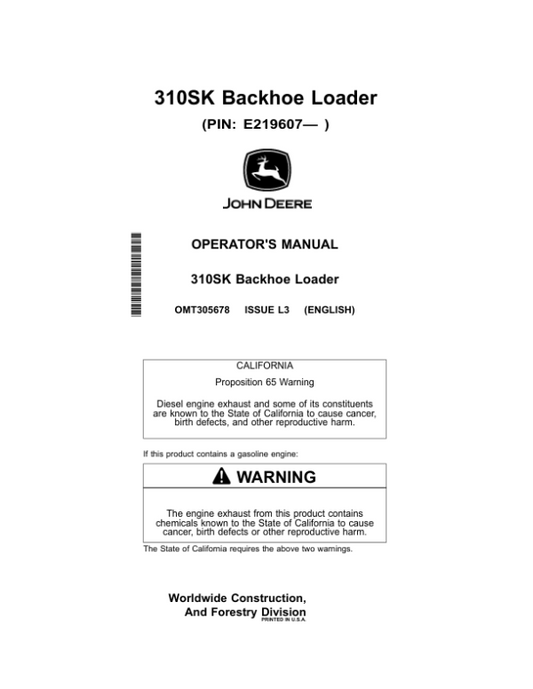 John Deere 310SK Backhoe Loaders Operator’s Manuals (OMT305678) Workshop Guide