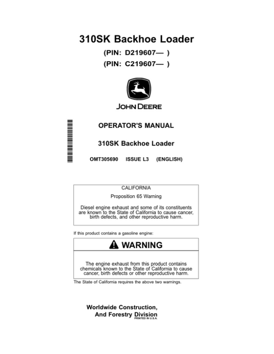John Deere 310SK Backhoe Loaders Operator’s Manuals (OMT305690) Workshop Guide