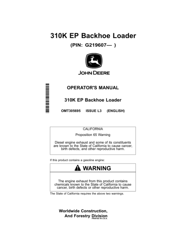 John Deere 310K EP Backhoe Loaders Operator’s Manuals (OMT305695) Workshop Guide