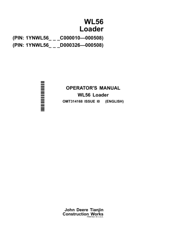 John Deere WL56 Loaders Operator’s Manuals (OMT314168) Workshop Guide