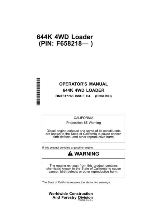 John Deere 644K Loaders Operator’s Manuals (OMT317763) Workshop Guide