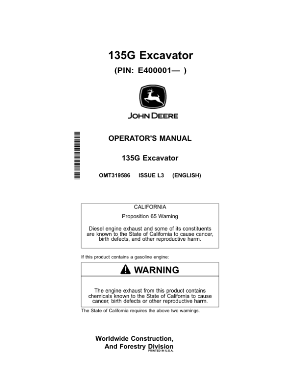 John Deere 135G Excavators Operator’s Manuals (OMT319586) Workshop Guide