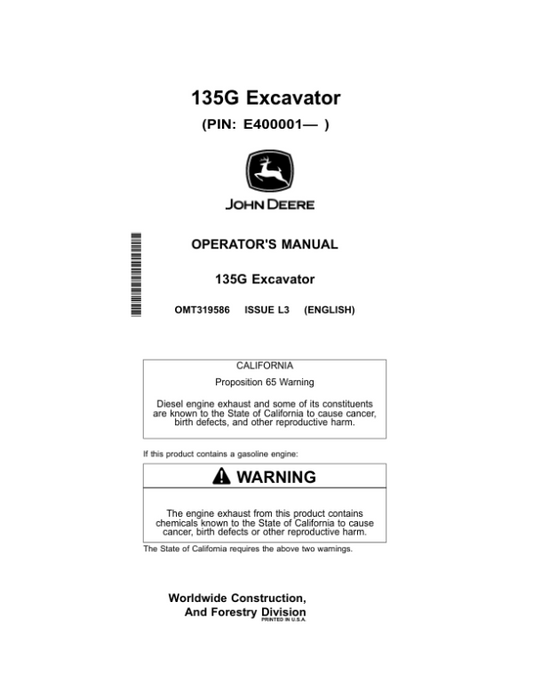 John Deere 135G Excavators Operator’s Manuals (OMT319586) Workshop Guide