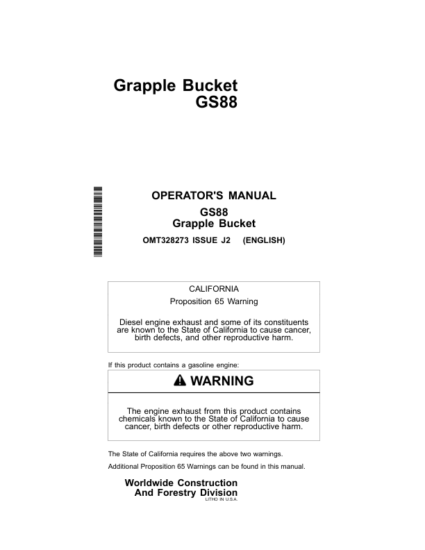 John Deere GS88 Worksite Pro Attachments Operator’s Manuals (OMT328273) Workshop Guide