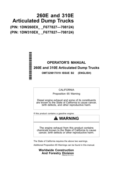 John Deere 260E, 310E Articulated Dump Trucks Operator’s Manuals (OMT329817X19) Workshop Guide