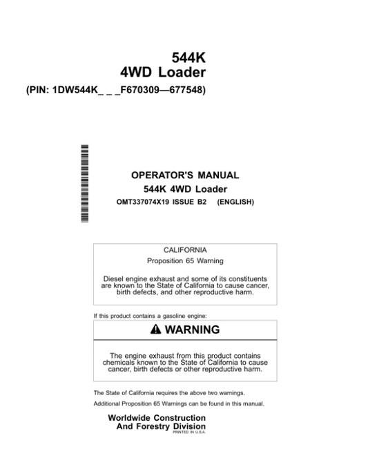 John Deere 544K Loaders Operator’s Manuals (OMT337074X19) Workshop Guide