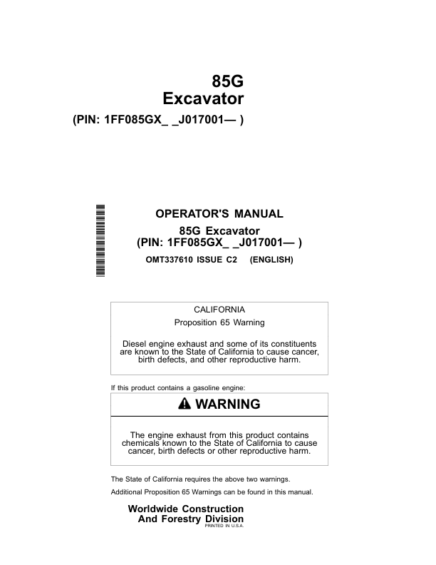 John Deere 85G Excavators Operator’s Manuals (OMT337610) Workshop Guide