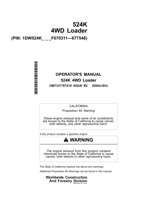 John Deere 524K Loaders Operator’s Manuals (OMT337787X19) Workshop Guide