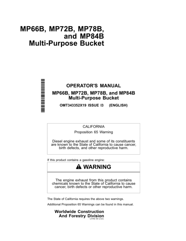 John Deere MP66B, MP72B, MP78B, MP84B Worksite Pro Attachments Operator’s Manuals (OMT343352X19) Workshop Guide
