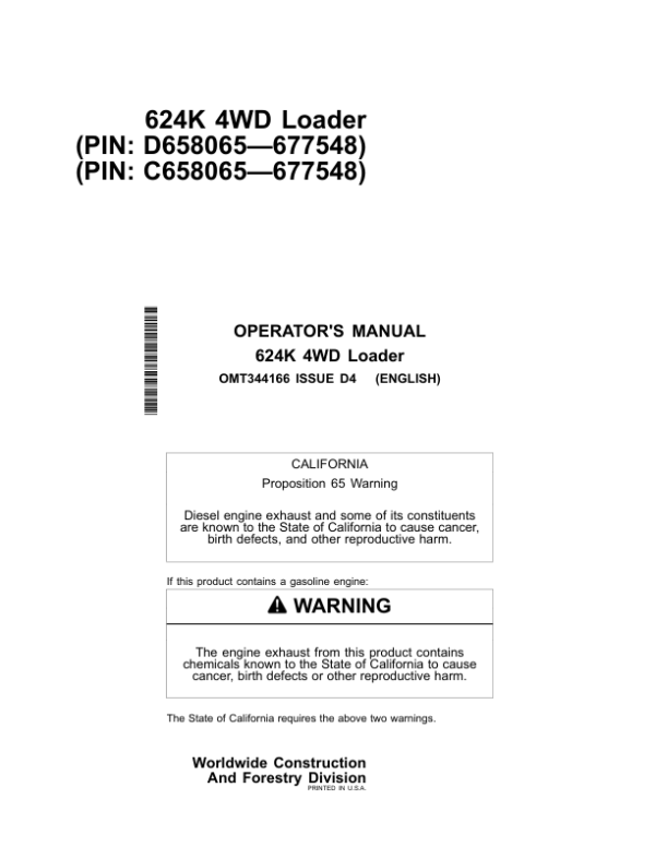 John Deere 624K Loaders Operator’s Manuals (OMT344166) Workshop Guide