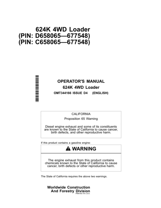 John Deere 624K Loaders Operator’s Manuals (OMT344166) Workshop Guide