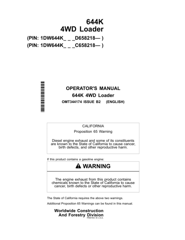 John Deere 644K Loaders Operator’s Manuals (OMT344174) Workshop Guide