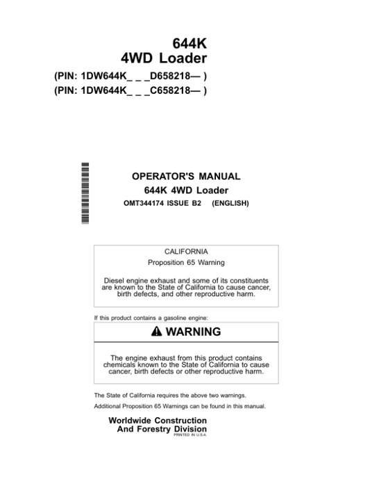 John Deere 644K Loaders Operator’s Manuals (OMT344174) Workshop Guide