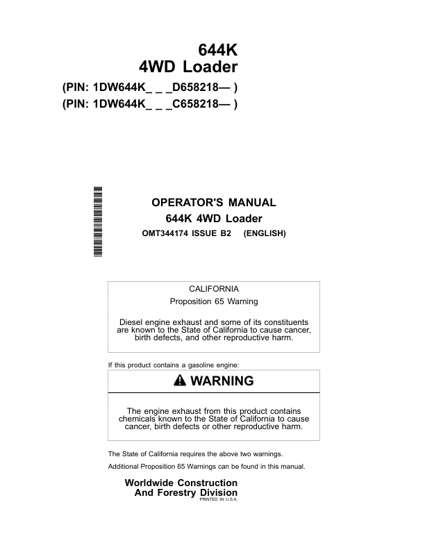 John Deere 644K Loaders Operator’s Manuals (OMT344174) Workshop Guide