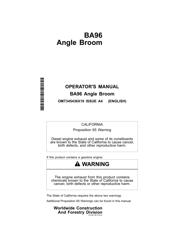 John Deere BA96 Worksite Pro Attachments Operator’s Manuals (OMT345436X19) Workshop Guide