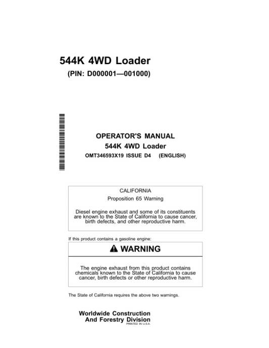 John Deere 544K Loaders Operator’s Manuals (OMT346593X19) Workshop Guide