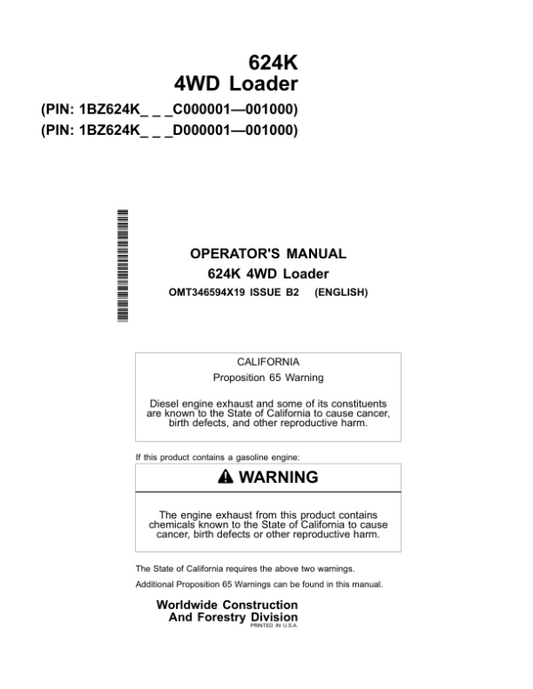 John Deere 624K Loaders Operator’s Manuals (OMT346594X19) Workshop Guide