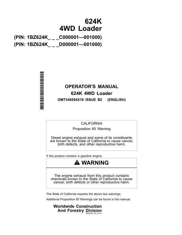 John Deere 624K Loaders Operator’s Manuals (OMT346594X19) Workshop Guide