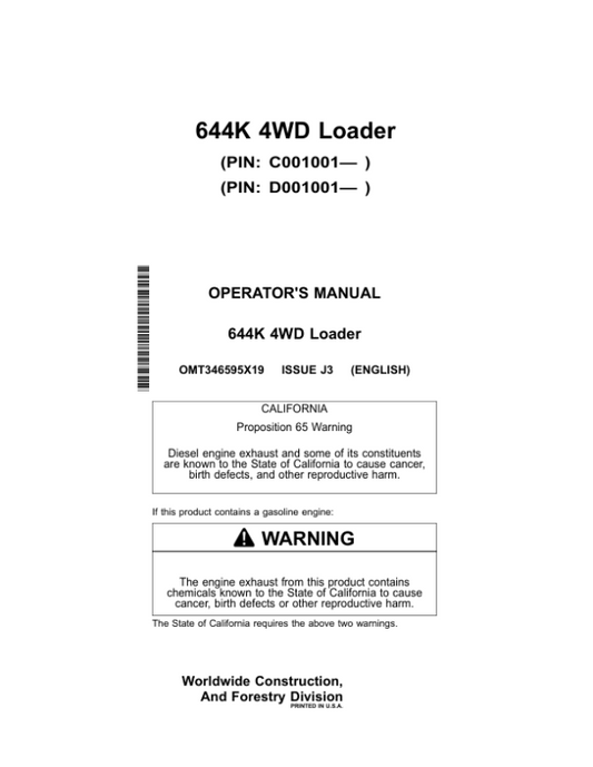 John Deere 644K Loaders Operator’s Manuals (OMT346595X19) Workshop Guide