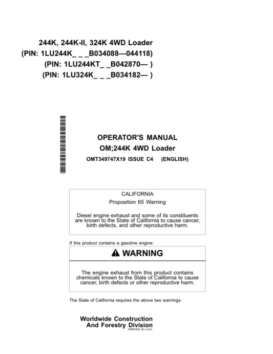 John Deere 244K, 244K-II, 324K Loaders Operator’s Manuals (OMT349747X19) Workshop Guide