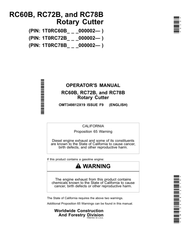 John Deere RC60B, RC72B, RC78B Rotary Cutter Operator’s Manual (OMT349812X19) Workshop Guide