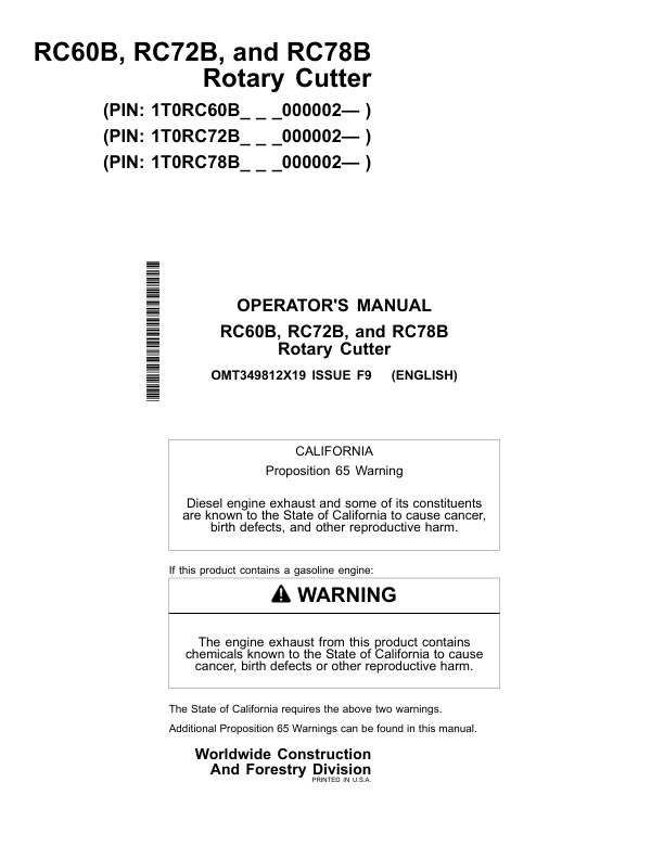 John Deere RC60B, RC72B, RC78B Worksite Pro Attachments Operator’s Manuals (OMT349812X19) Workshop Guide