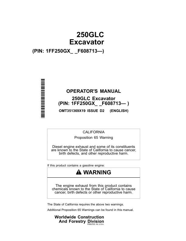 John Deere 250GLC Excavators Operator’s Manuals (OMT351369X19) Workshop Guide
