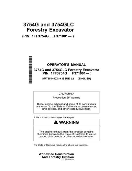 John Deere 3754G, 3754GLC Excavator Operator’s Manuals (OMT351450X19) Workshop Guide