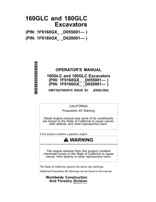 John Deere 160GLC, 180GLC Excavators Operator’s Manuals (OMT352706X019) Workshop Guide