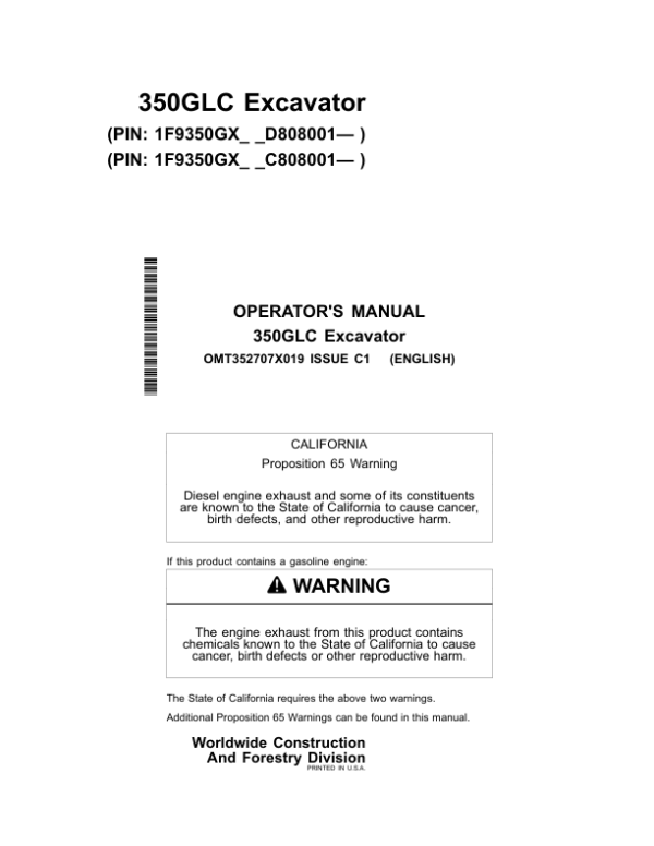 John Deere 350GLC Excavators Operator’s Manuals (OMT352707X019) Workshop Guide