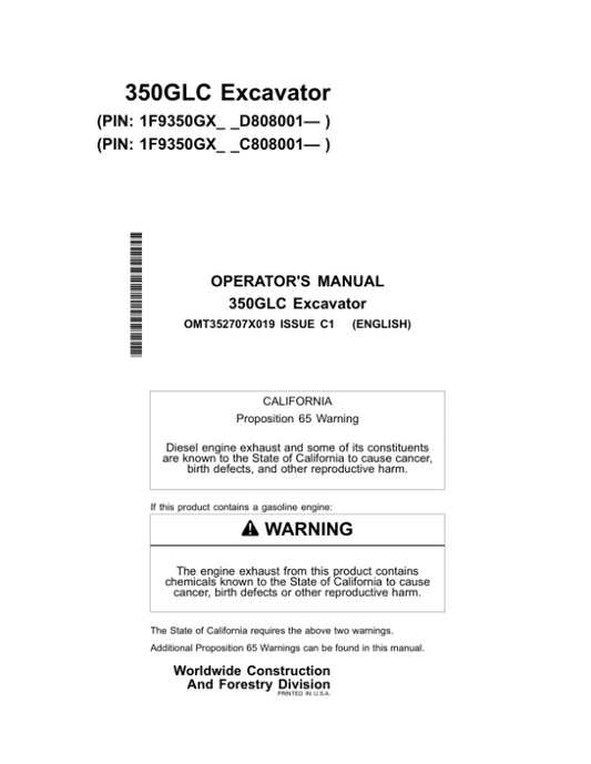John Deere 350GLC Excavators Operator’s Manuals (OMT352707X019) Workshop Guide