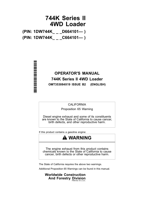 John Deere 744K SERIES II Loaders Operator’s Manuals (OMT353084X19) Workshop Guide