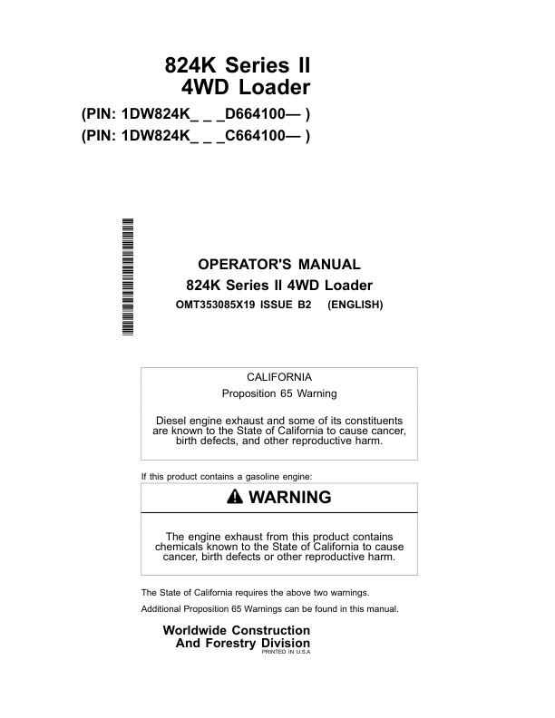 John Deere 824K SERIES II Loaders Operator’s Manuals (OMT353085X19) Workshop Guide