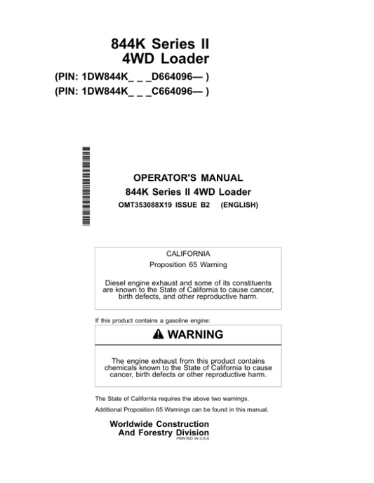 John Deere 844K SERIES II Loaders Operator’s Manuals (OMT353088X19) Workshop Guide