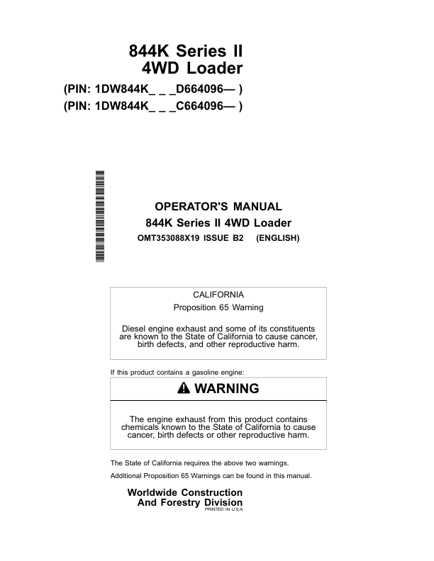 John Deere 844K SERIES II Loaders Operator’s Manuals (OMT353088X19) Workshop Guide