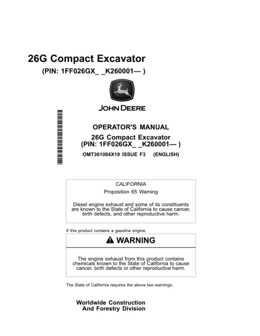 John Deere 26G Excavators Operator’s Manuals (OMT361084X19) Workshop Guide