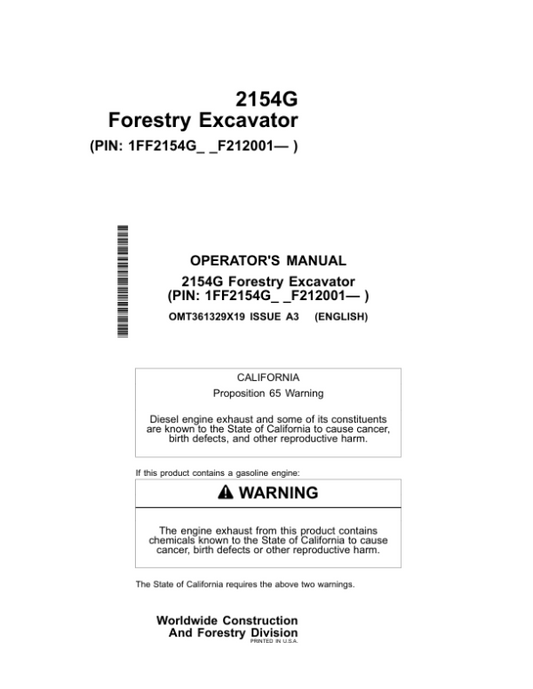 John Deere 2154G Excavator Operator’s Manuals (OMT361329X19) Workshop Guide