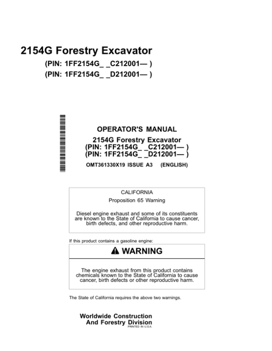 John Deere 2154G Excavator Operator’s Manuals (OMT361330X19) Workshop Guide