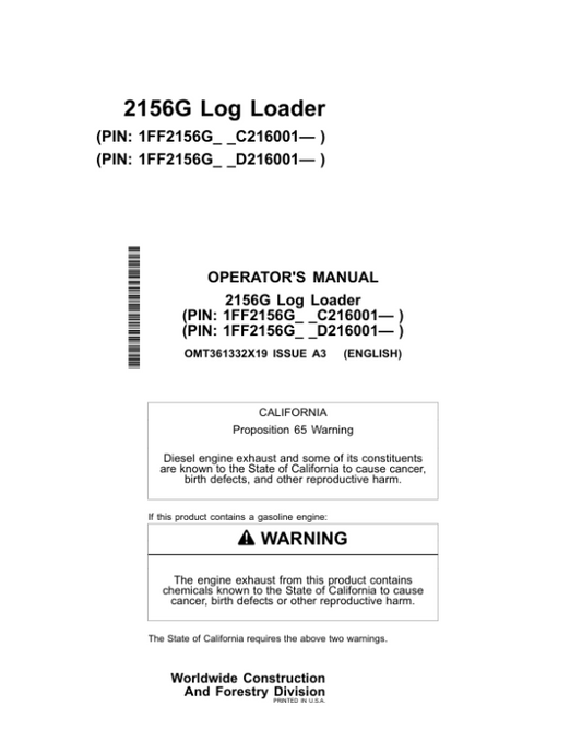 John Deere 2156G Log Loaders Operator’s Manuals (OMT361332X19) Workshop Guide