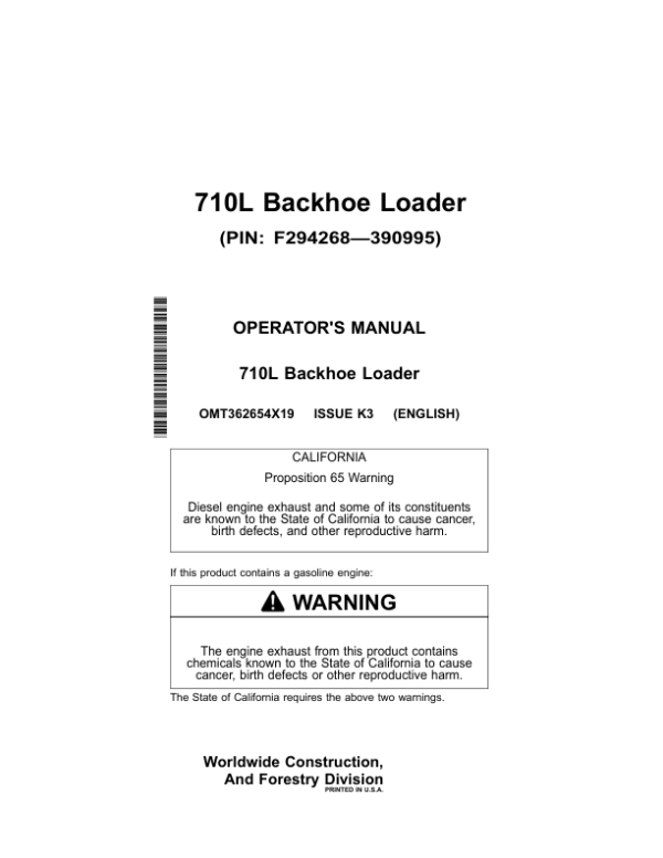 John Deere 710L Backhoe Loaders Operator’s Manuals (OMT362654X19) Workshop Guide