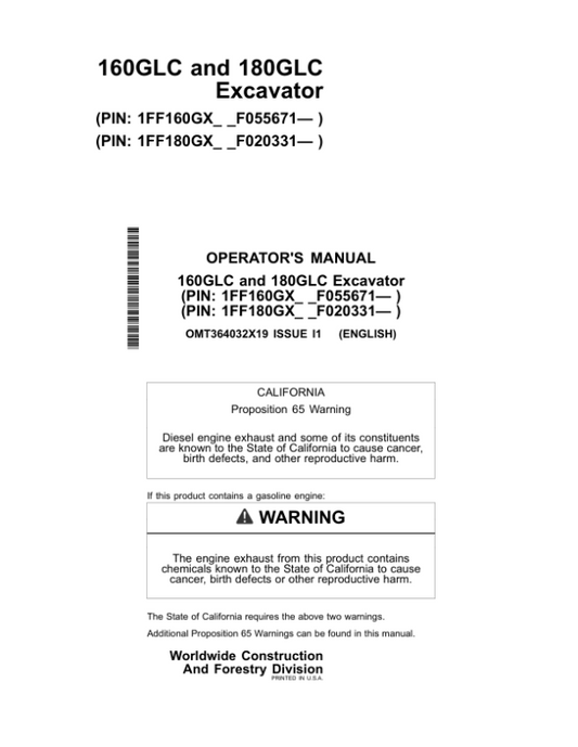John Deere 160GLC, 180GLC Excavators Operator’s Manuals (OMT364032X19) Workshop Guide