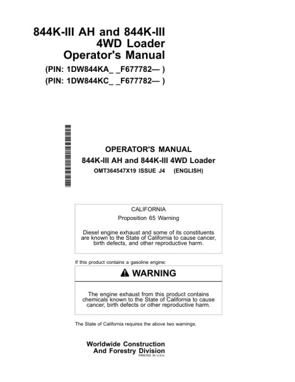John Deere 844K SERIES III, 844K SERIES III AH Loaders Operator’s Manuals (OMT364547X19) Workshop Guide