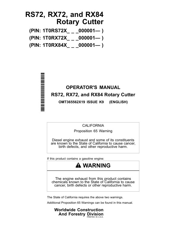 John Deere RS72, RX72, RX84 Worksite Pro Attachments Operator’s Manuals (OMT365562X19) Workshop Guide